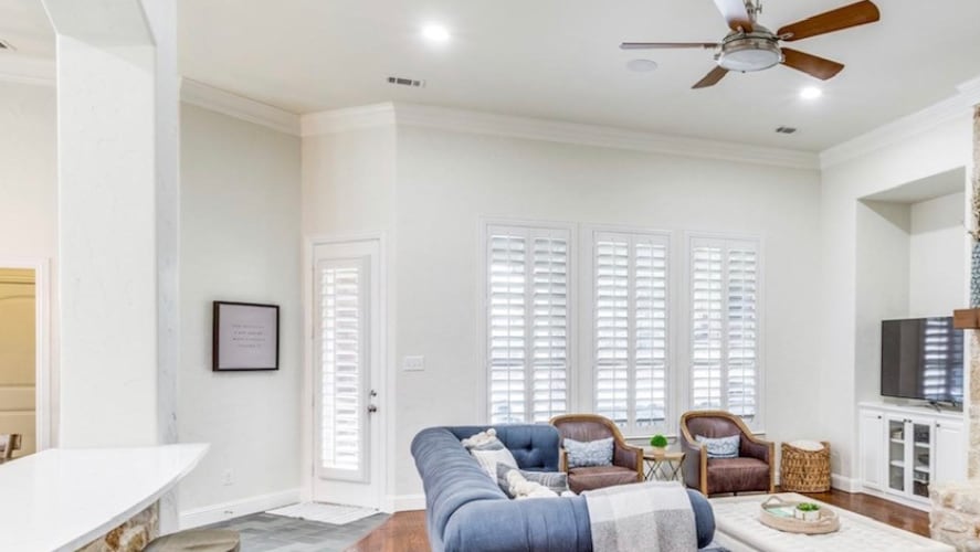 Plantation shutters in a family room